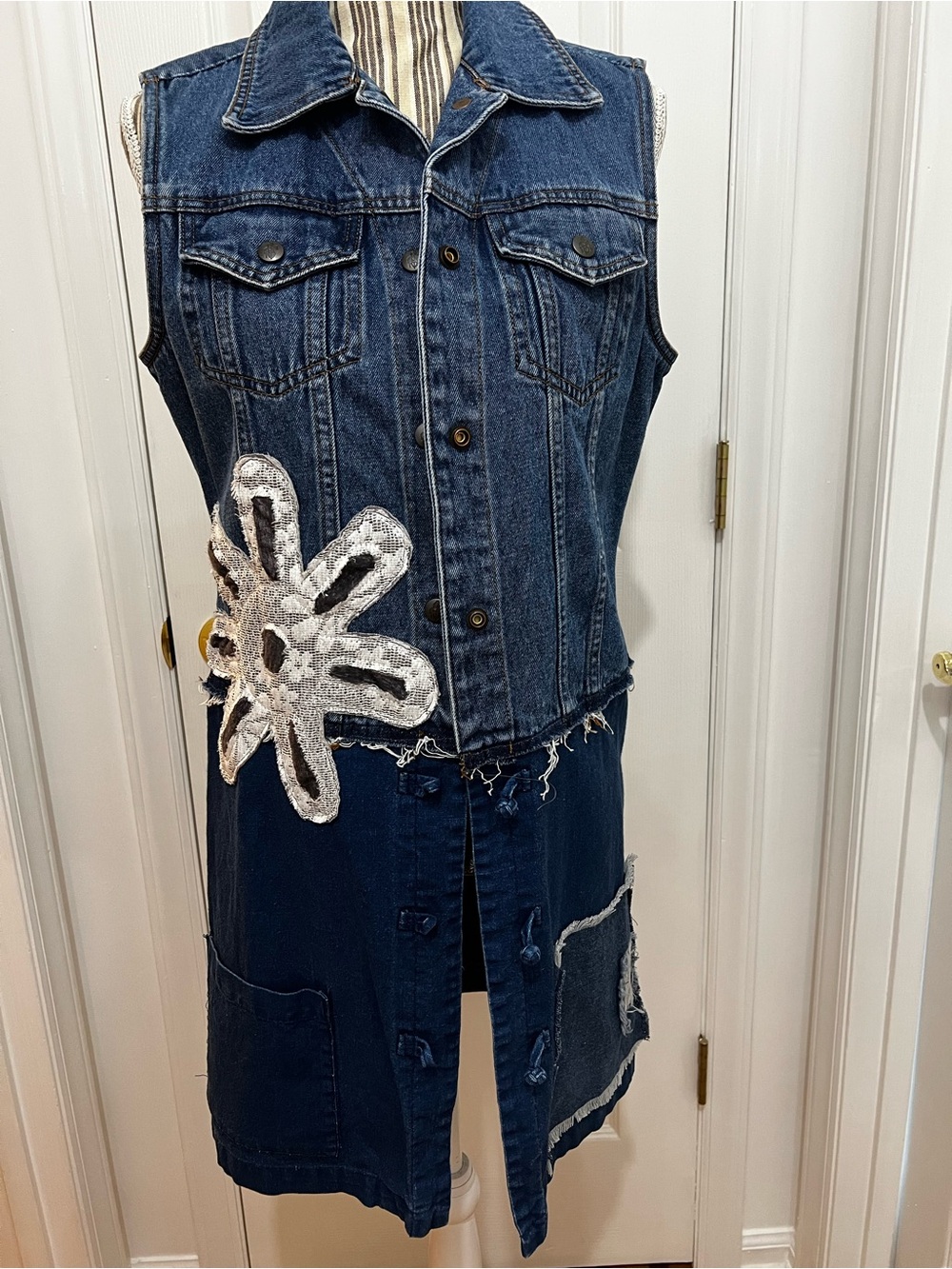 Upcycled Boho Denim Sleeveless Jean Jacket Vest with Flower Appliqué - Dark Blue